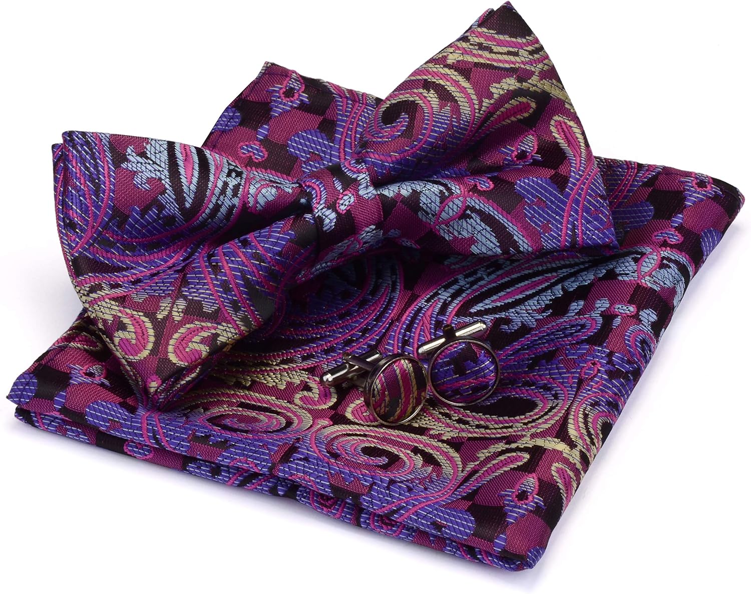 GUSLESON Paisley Adjustable Pre-tied Bow Tie and Pocket Square Cufflink Set with Gift Box