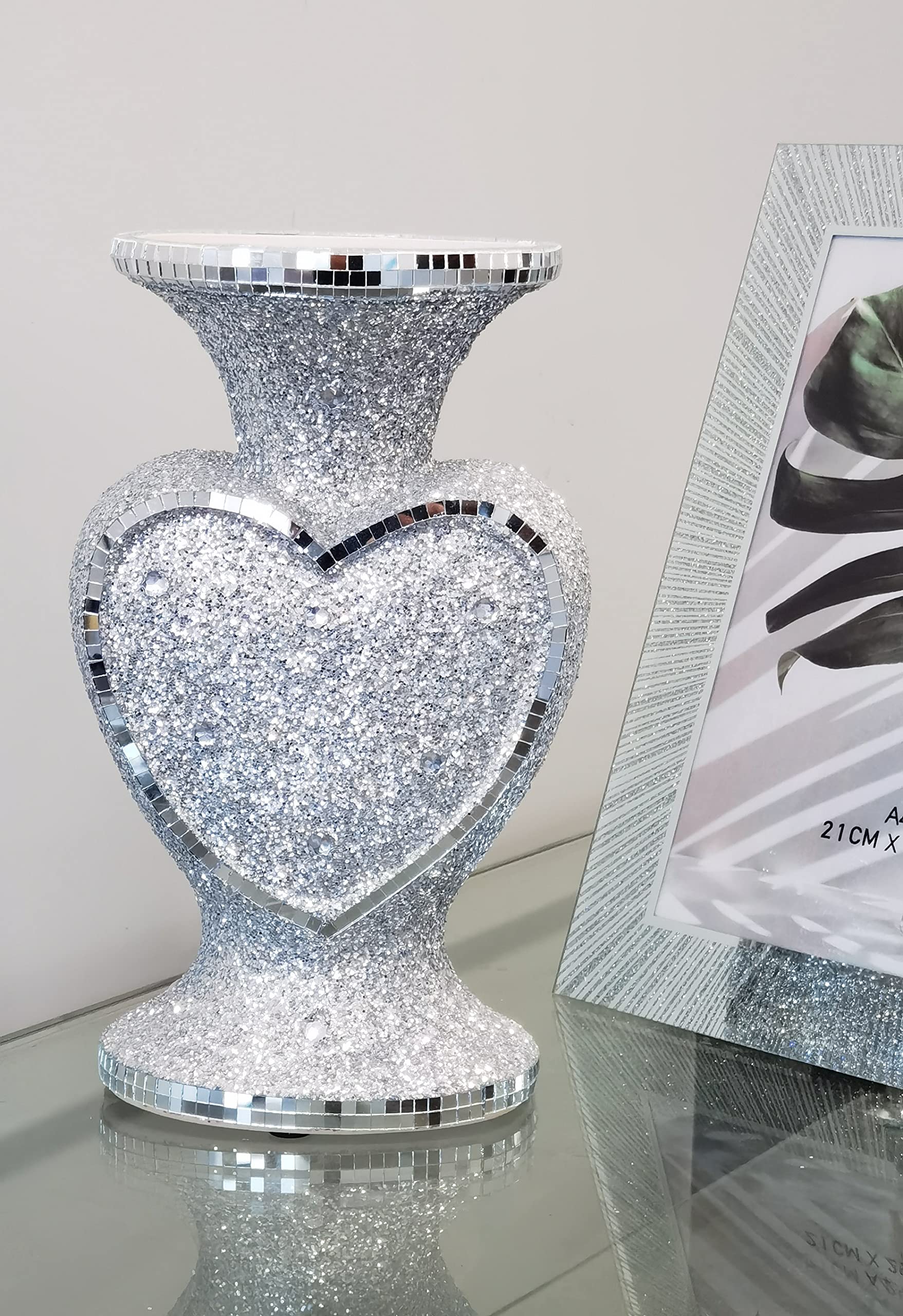 B&Q -  Heart Shape Crushed Diamond Glitter Silver Sparkle Flower Vase (30 Cm)