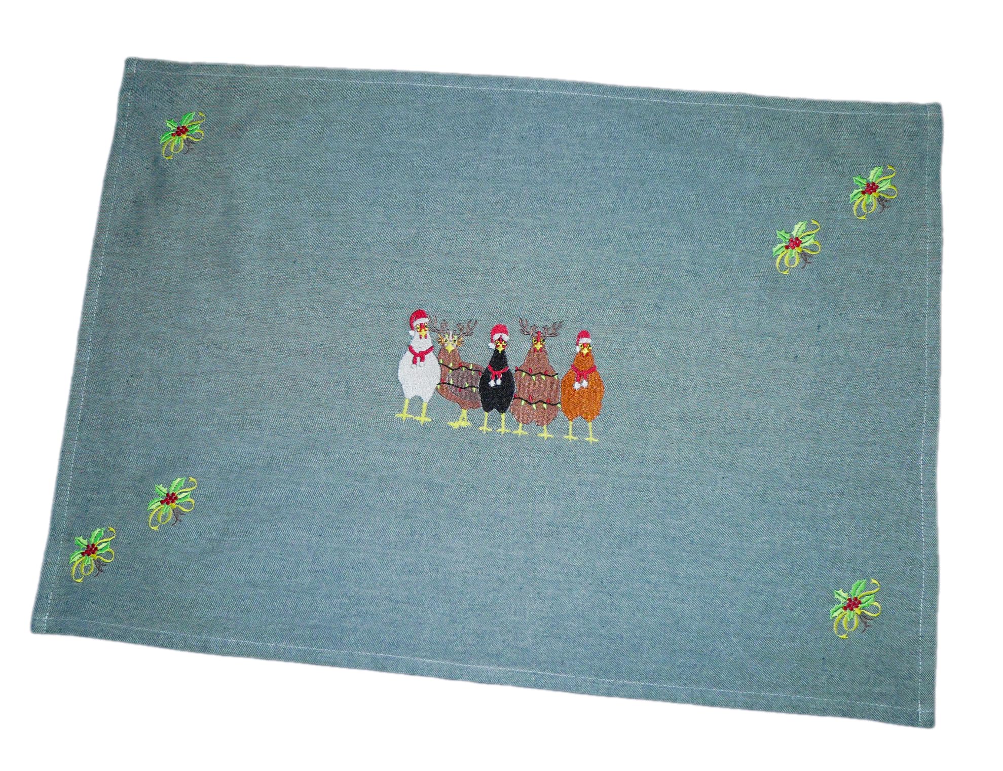 Handmade Weihnachtstischdecke Weihnachten Tischdecke Mitteldecke bestickt 50 x 70 cm grün Huhn Hühnerhaltung Hühner Hahn Hühnerstall Bauernhof Hühnerzucht
