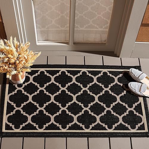 SAFAVIEH Courtyard Collection - Alfombra decorativa de 2 pies 3 pulgadas x 5 pies, color negro y beige, diseño de enrejado, no desprende pelusa y de