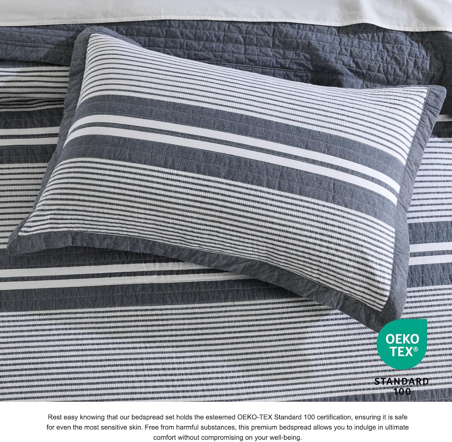 DDUOXIN Modern King Bedspread 120" W x120 L - 100% Cotton Waffle Texture Oversized Quilt with 2 Pillow Shams, Stripe Reversible 3 Piece Bedding Set, Folkstone/White