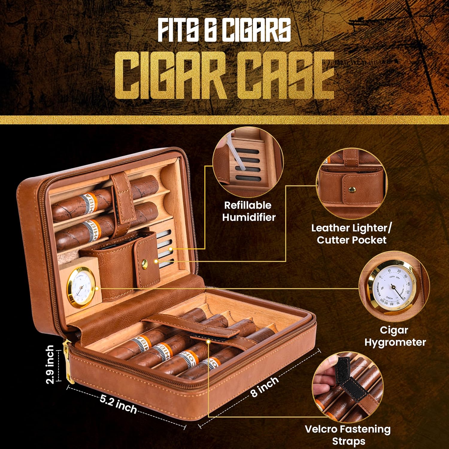 Travel Cigar Humidor Case | Holds 6 Cigars | Leather & Spanish Cedar Portable Cigar Box with Hygrometer & Humidifier | Torch Lighter with V Cutter & Punch | Luxury Cigar Travel Kit Gift for Men image 2