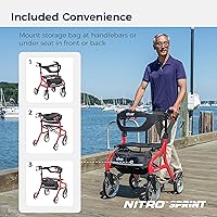 Vista 4 de Drive Medical Nitro Sprint - Andador plegable con asiento, ligero, para estatura alta, con cuatro ruedas grandes, plegable, color rojo