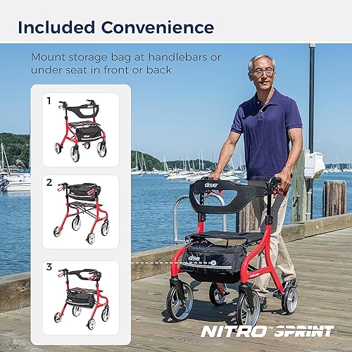Miniatura 4 de Drive Medical Nitro Sprint - Andador plegable con asiento, ligero, para estatura alta, con cuatro ruedas grandes, plegable, color rojo