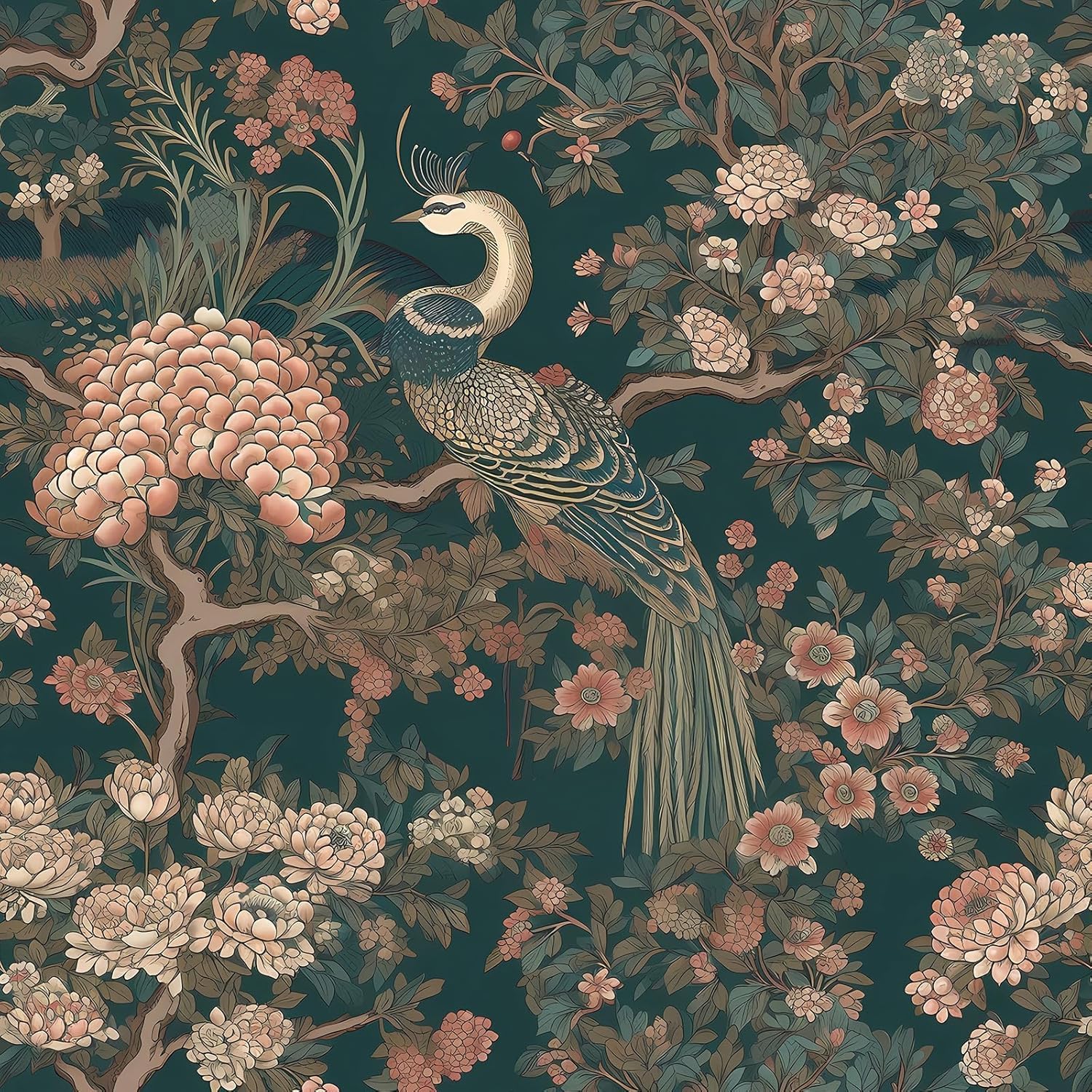 ReWallpaper Vintage Floral Wallpaper Peel and Stick Removable Dark Green Peacock Wallpaper for Bathroom Waterproof Pink Chinoiserie Peony Flower Wall Decor Green Contact Paper for Cabinets 17.5in×23ft