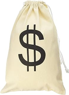 Super Z Outlet Large Canvas Natural Money Bag Pouch with Drawstring Closure and Dollar Sign Design for Toy Party Favors, Bank Robber Cowboy Pirate Theme, Carrying Case Sack
