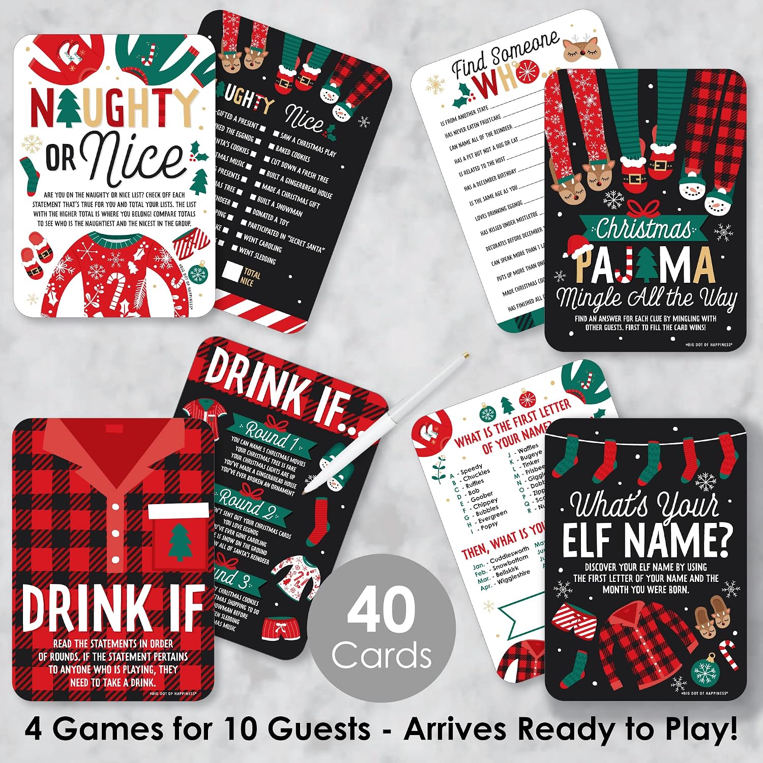 Big Dot of Happiness Christmas Pajamas - 4 Holiday Plaid PJ Party Games - 10 Cards Each - Gamerific Bundle