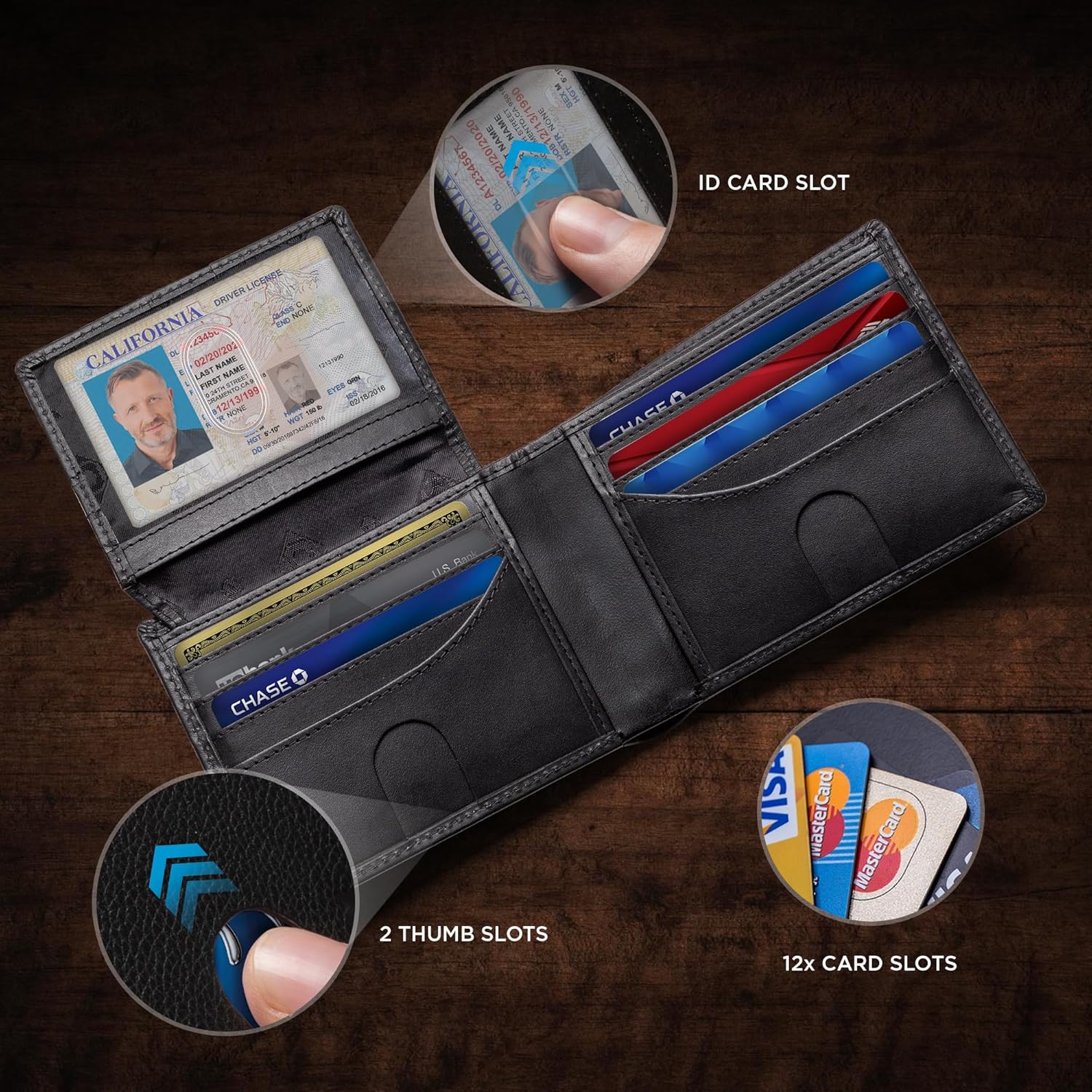 Full Grain Leather Wallet for Men | RFID Blocking | Extra Capacity Bifold Wallet with ID Windows | Ultra Strong Stitching | Slim Billfold with 13 Card Slots | Gift for Him (Charcoal Black Venture) - Image 3