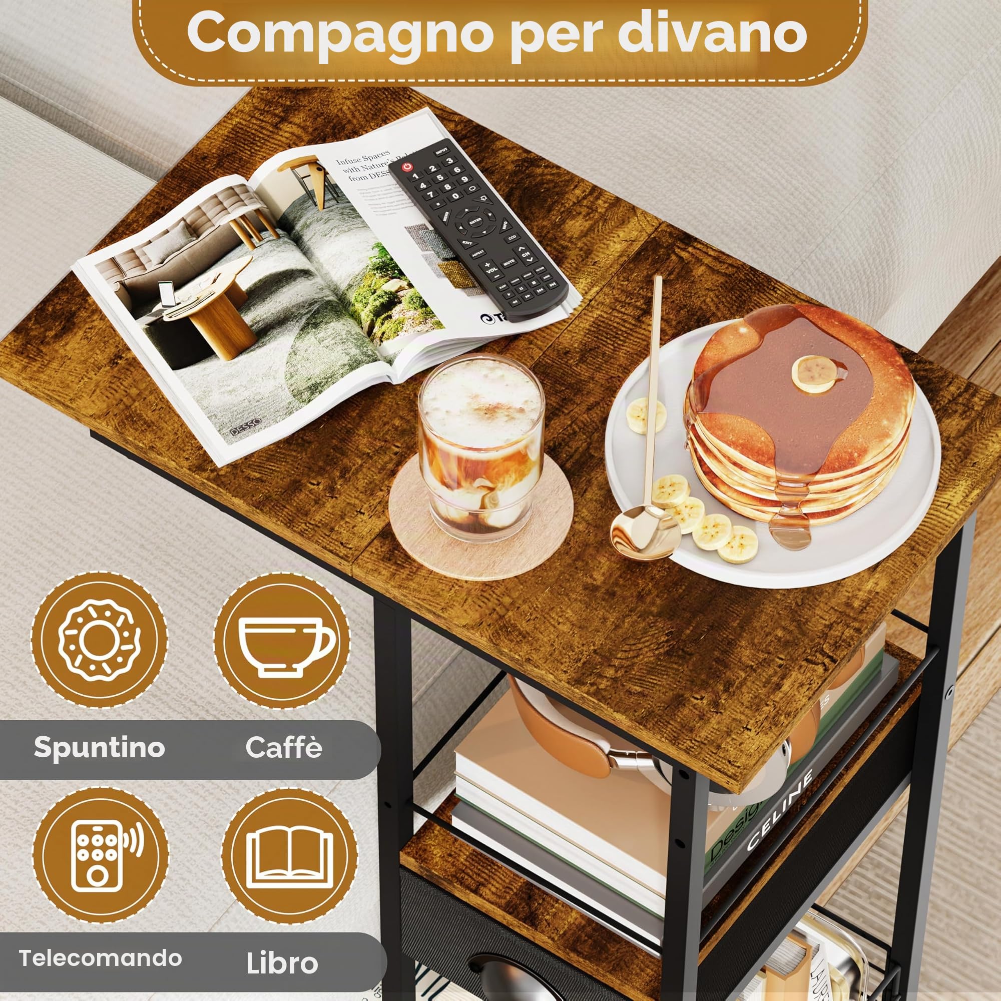 Sonyabecca Tavolino a C con ruote, comodino con cassetto per letto o divano, tavolino da salotto con struttura in metallo, tavolo per soggiorno, camera da letto o ufficio domestico