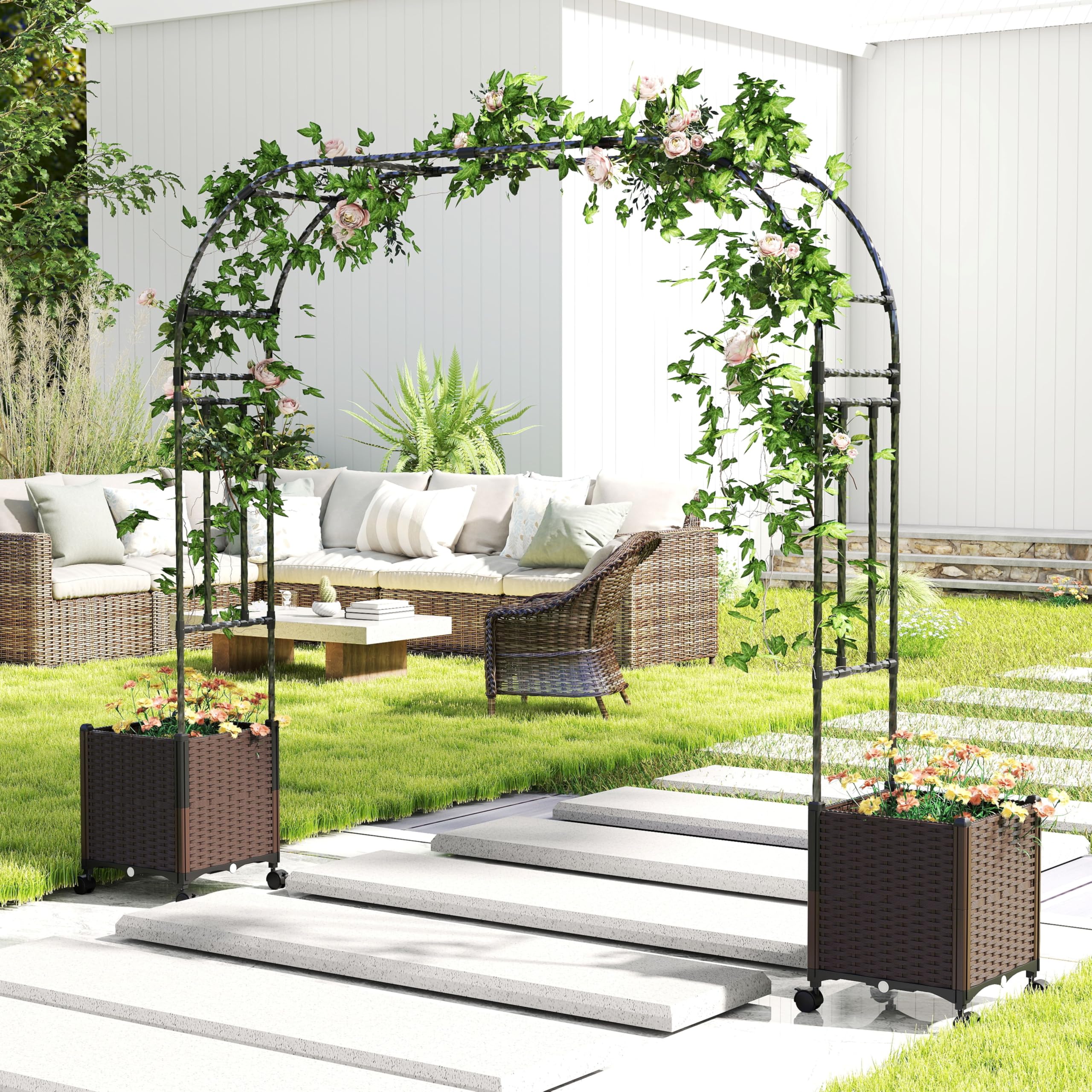 HOMASIS 2 en 1 Arco de Jardín y Maceteros, 288 x 40 x 202 cm, Pérgola Rosas con Ruedas para Plantas Trepadoras, Sistema de Autorriego, Decoración Exterior y Soporte de Boda, Fiesta, Negro