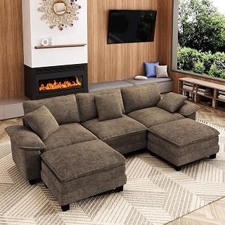 MIXPATIO 123-Inch U-Shaped Sectional Sofa with Cloud Cushions, Deep Seat Modular Couch, 5 Seats & 2 Ottomans, Taupe Chenille