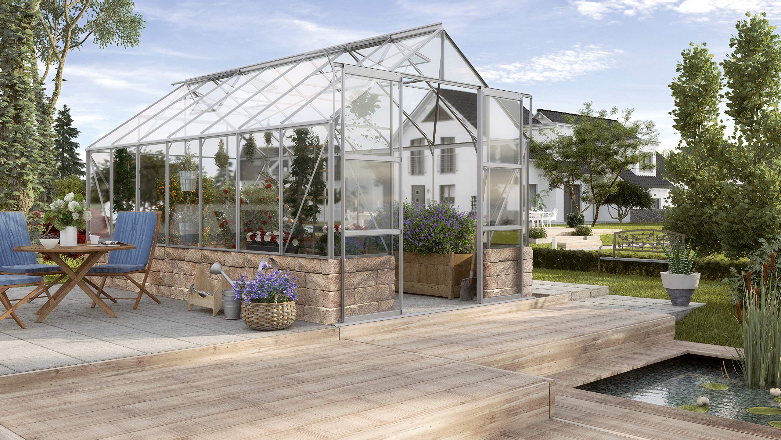 Gartenwelt Riegelsberger Gewächshaus Cassandra - Ausführung: 11500 ESG 3 mm Alu, Fläche: ca. 11,5 m², mit 4 Dachfenster, Sockel: 2,56 x 4,50 x 0,50 m