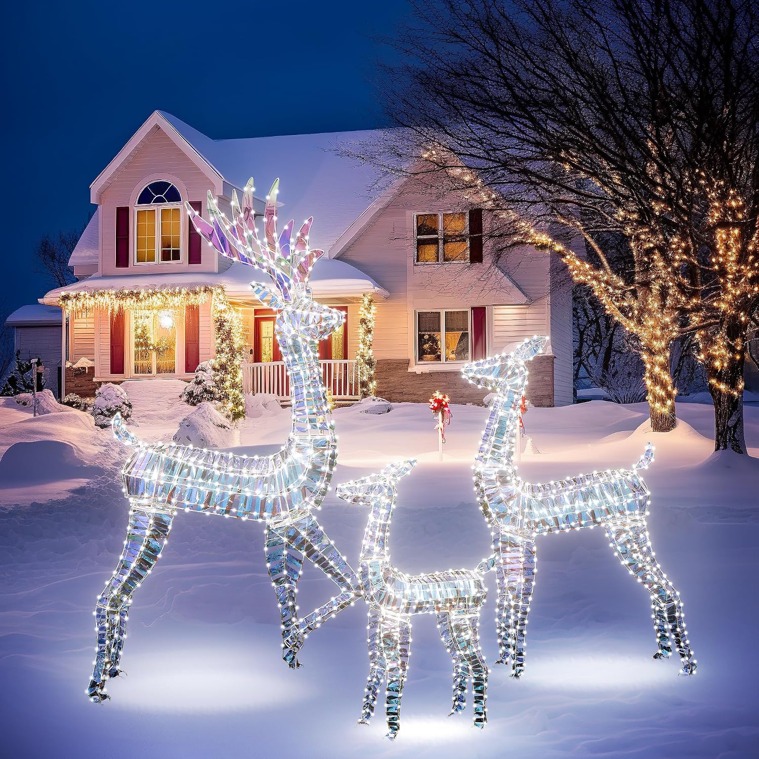 Hooseng 3-Piece Lighted Christmas Deer Family Set, Pre-lit Reindeer Christmas Decoration Outdoor Set for Holiday Yard Patio Lawn Garden Party Decor with 230 LED Lights, Ground Stakes, Zip Ties