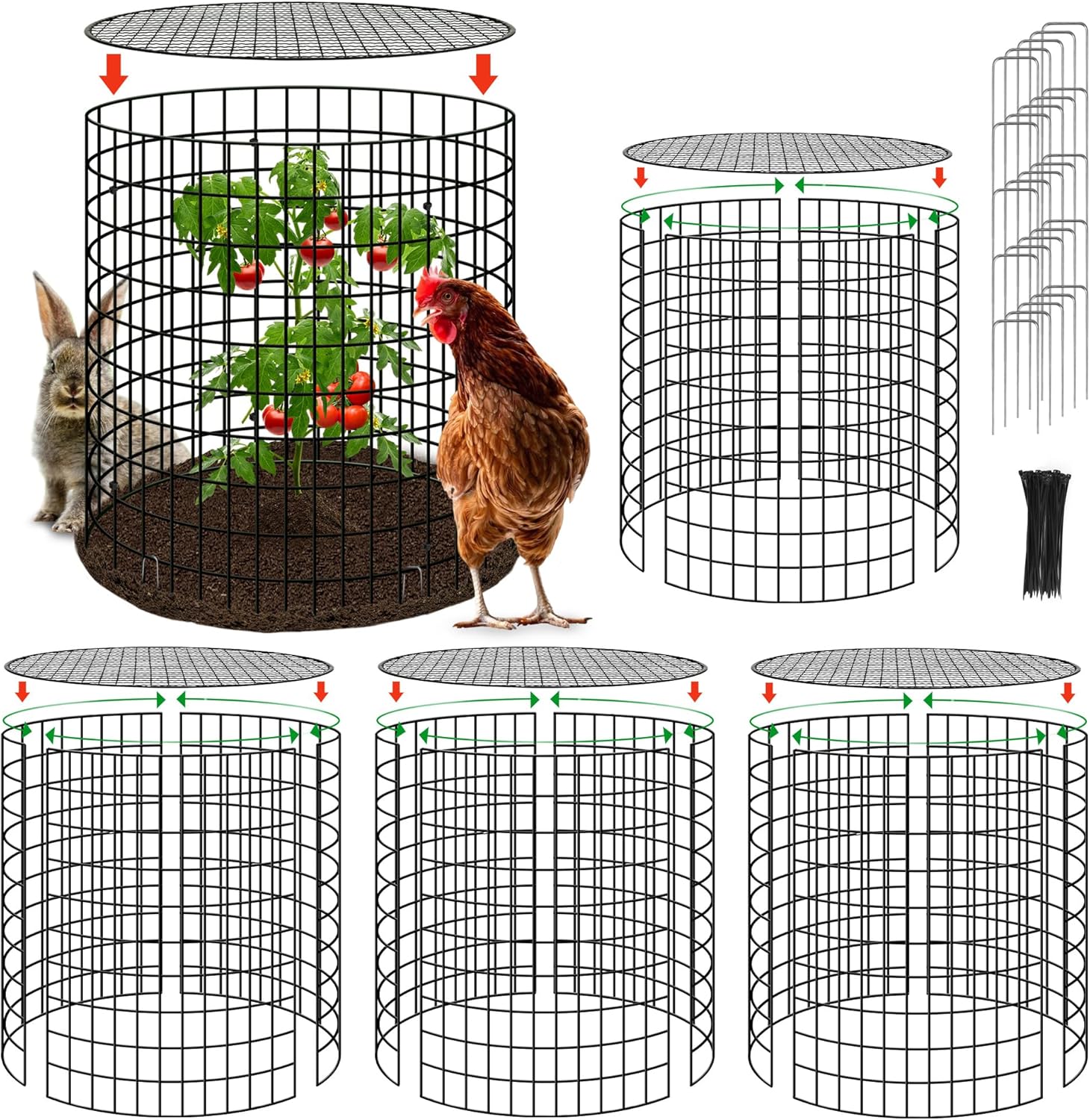 Hi Sasara 5 Sets Wire Plant Protectors Cage with Staples,11.8" Dia x 11.8" H,Plant Protector with Round Lids to Keep Animals Out,Wire Plant Protector Cage for Plants Vegetables Flower