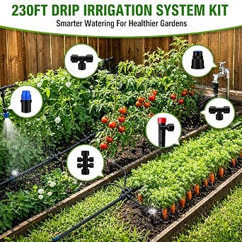 230FT Drip Irrigation System Kit, Quick Push-to-Connect Garden Watering System with 1/2'' & 1/4'' Tubing, Adjustable Drippers & Sprayers, Auto Irrigation System for Raised Bed, Lawn, Greenhouse