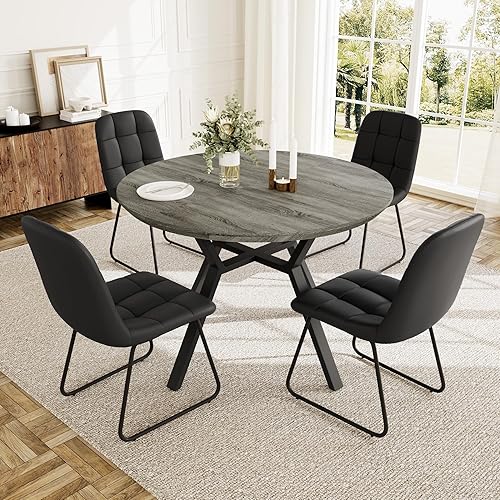 Miniatura 24 de Juego de mesa de comedor redonda extensible para 6 personas, mesa de cocina extensible de 43.3 a 59.1 pulgadas con 6 sillas tapizadas, ahorro de
