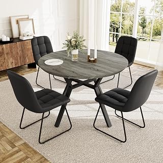HIPIHOM Extendable Round Dining Table Set for 4 People, 43.3"-59.1" Extendable Kitchen Table with 4 Upholstered Chairs, Space Saving for Kitchen Dining Room (Grey Table+4 U-Shaped Black Chairs)