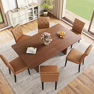 71-inch Rectangle Dining Table for 6-8, Farmhouse Kitchen & Dining Room Table with Walnut Finish, Durable and Easy-Clean Surface, Sturdy Dinner Table for Family Gatherings, Home Office