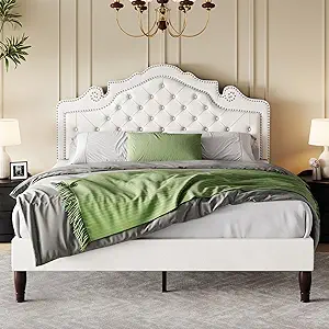 SHA CERLIN Full Size Bed Frame with Adjustable Headboard/Velvet Upholstered/Diamond Button Tufted and Metal Studs/No Box Spring Needed/Sturdy Wood Slat Support/Easy Assembly/White