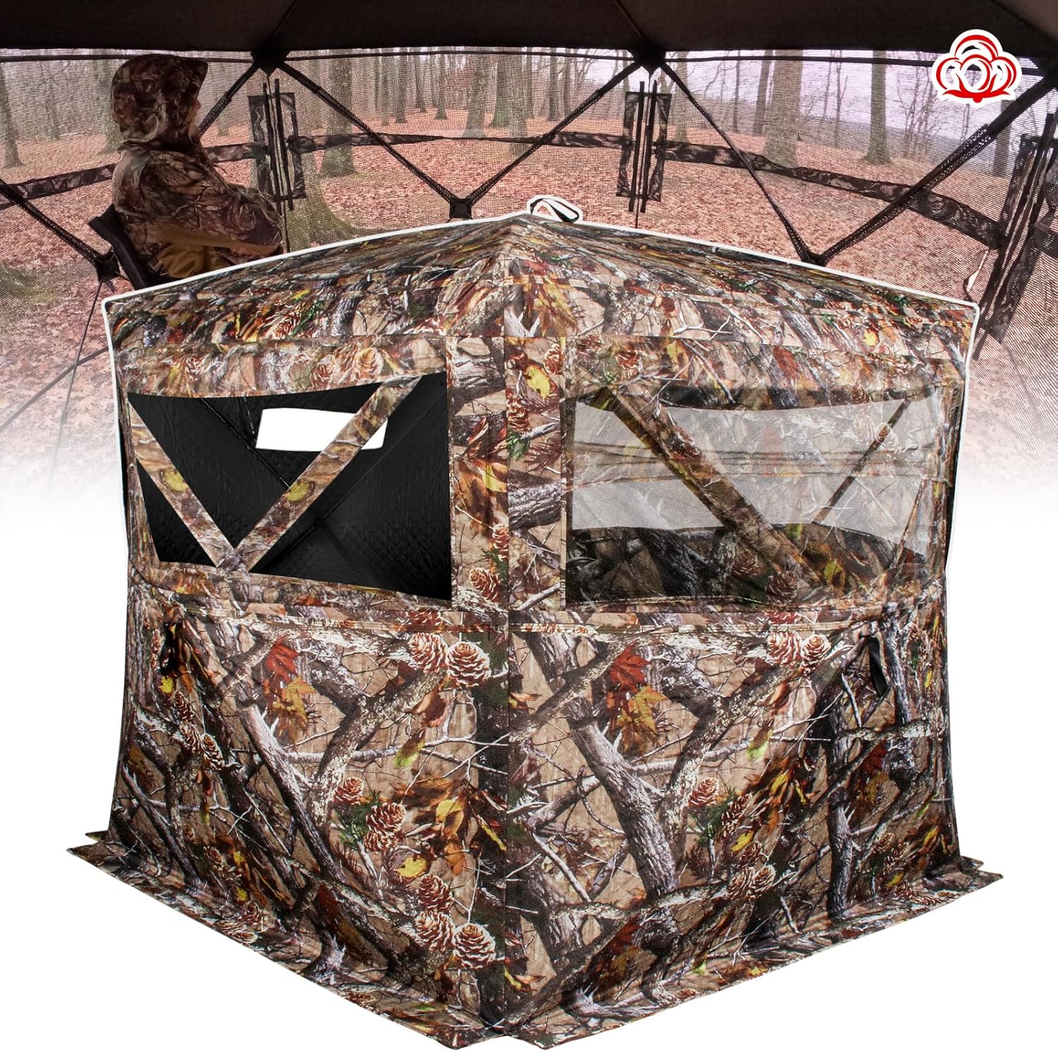 Insulated Hunting Blind for Cold Weather, 300D Oxford Ground Blind with Cotton Layer, 3 See-Through Mesh Windows, Windproof & Warm Hunting Tent for Deer & Turkey Hunting