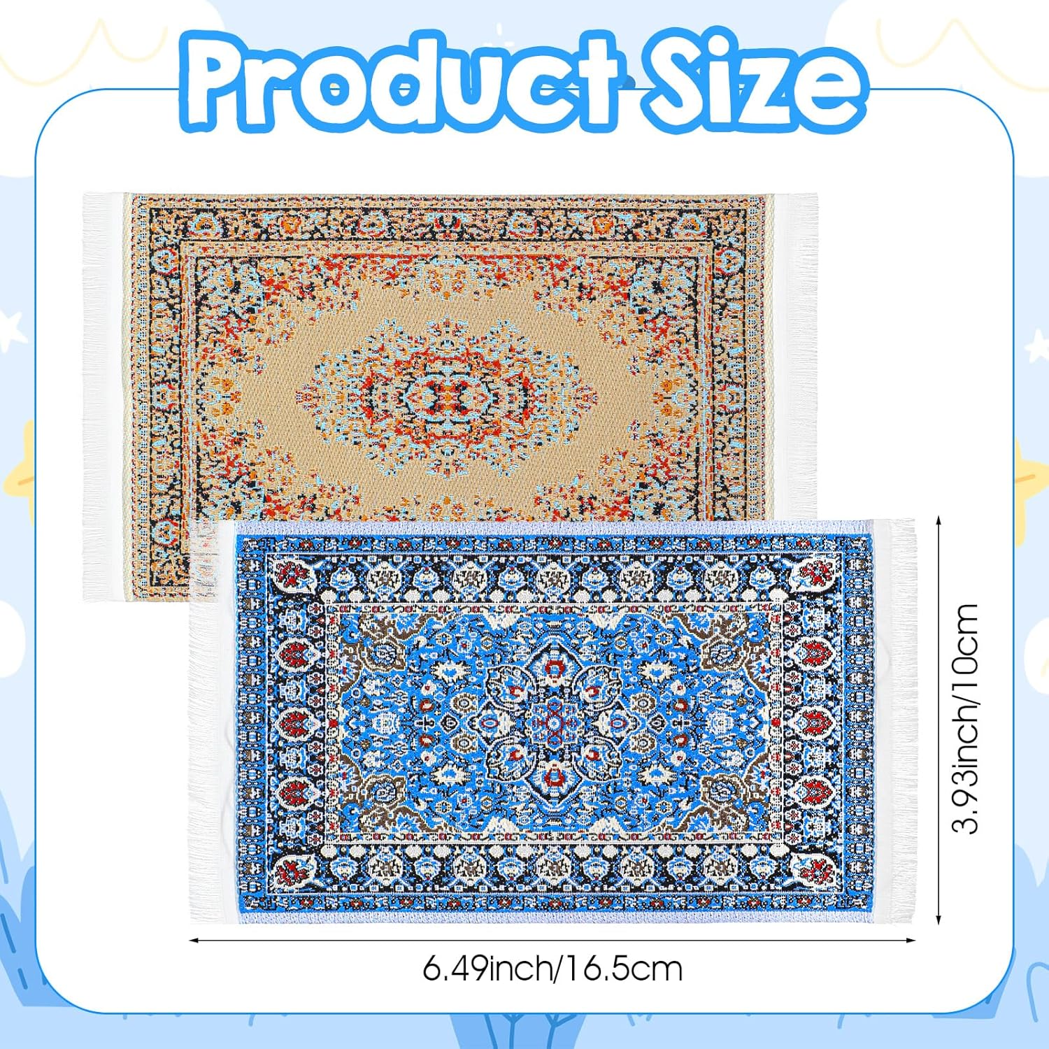 Dollhouse Rug 2 PCS Miniature Dollhouse Accessories 1:12 Scale Vintage Doll House Rugs Woven Mini Rug for Dollhouses Furniture Blue & Yellow Floral Print Carpet for Doll House Floor Decor - Image 2