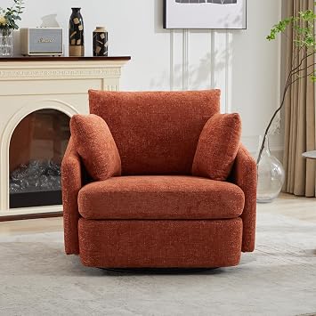 40.55" W Modern Oversized Accent Chair 360 Swivel Round Sofa Chair with 2 Throw Pillows Single Chair Cozy Chenille Club Arm Chair for Bedroom/Living Room/Lounge/Hotel Orange