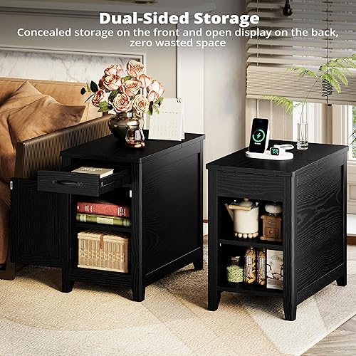 Miniatura 7 de IRONCK End Table with Charging Station, Narrow Side Table for Living Room, Farmhouse Night Stand for Bedroom, Bedside Table with Storage and Drawer