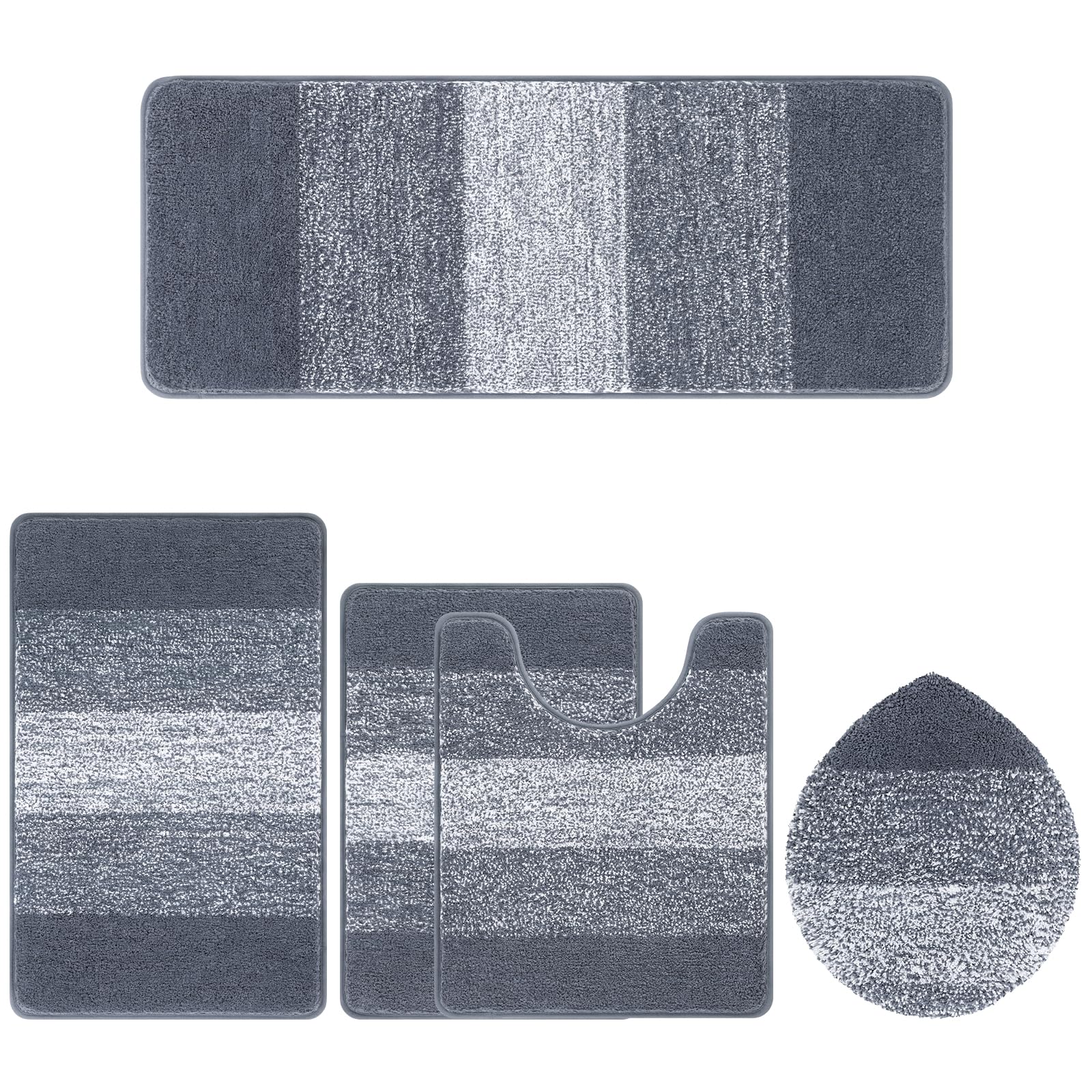 Bsmathom Badezimmerteppich-Set, 5-teilig, Plüsch-Mikrofaser-Badematte, Dunkelgrau | Extra wasserabsorbierender, rutschfester, waschbarer Läufer mit WC-Deckelbezug und U-förmiger WC-Vorleger