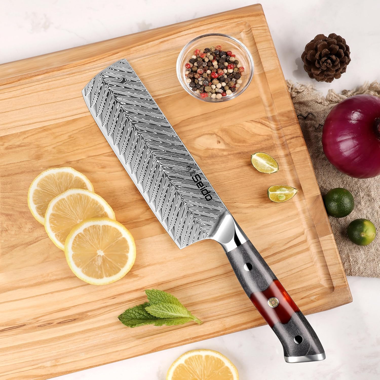 Seido Knives Inferuno 7 Inch Nakiri Knife – AUS-10 Core with 73-Layer Damascus Steel and Ergonomic Resin Maple Handle