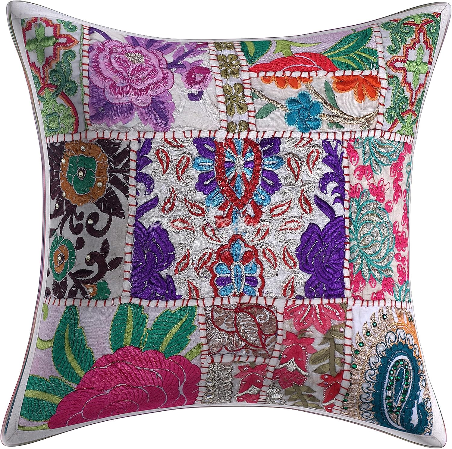 Indian Throw Pillow Covers 12x12 Inch Cotton Vintage Patchwork Ethnic Square Embroiderded Cushion Covers (Size - 30x30 cm ; Color: White) - Set of 5 Pcs (Cover Only)