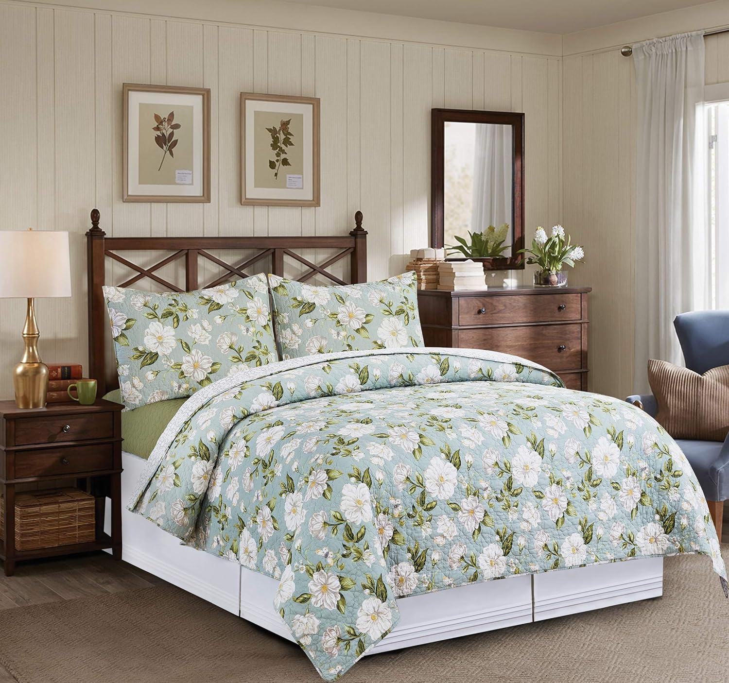 C&F Home Colonial Williamsburg Magnolia Garden 3 Piece Green and White Floral King Quilt Set Quilt and Sham Bedding Set King 3 Piece Set Green