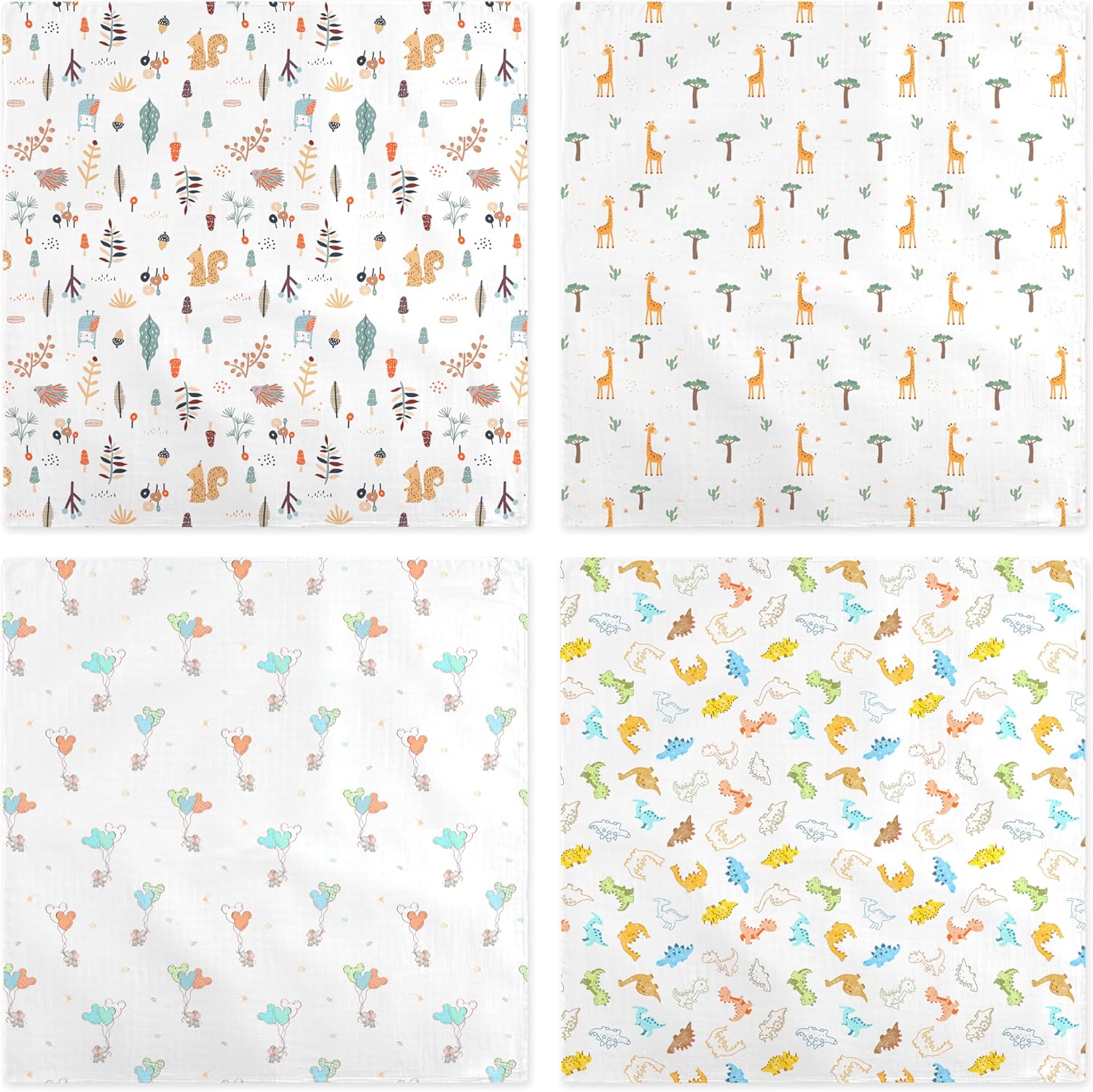 4-Pack 100% Cotton Muslin Swaddle Blankets, Large 47 x 47 Inches — Breathable Soft Receiving Blankets for Newborns, Swaddling Wraps, Baby Essentials, Registry Gift (Wild Jungle Friends) - Image 3