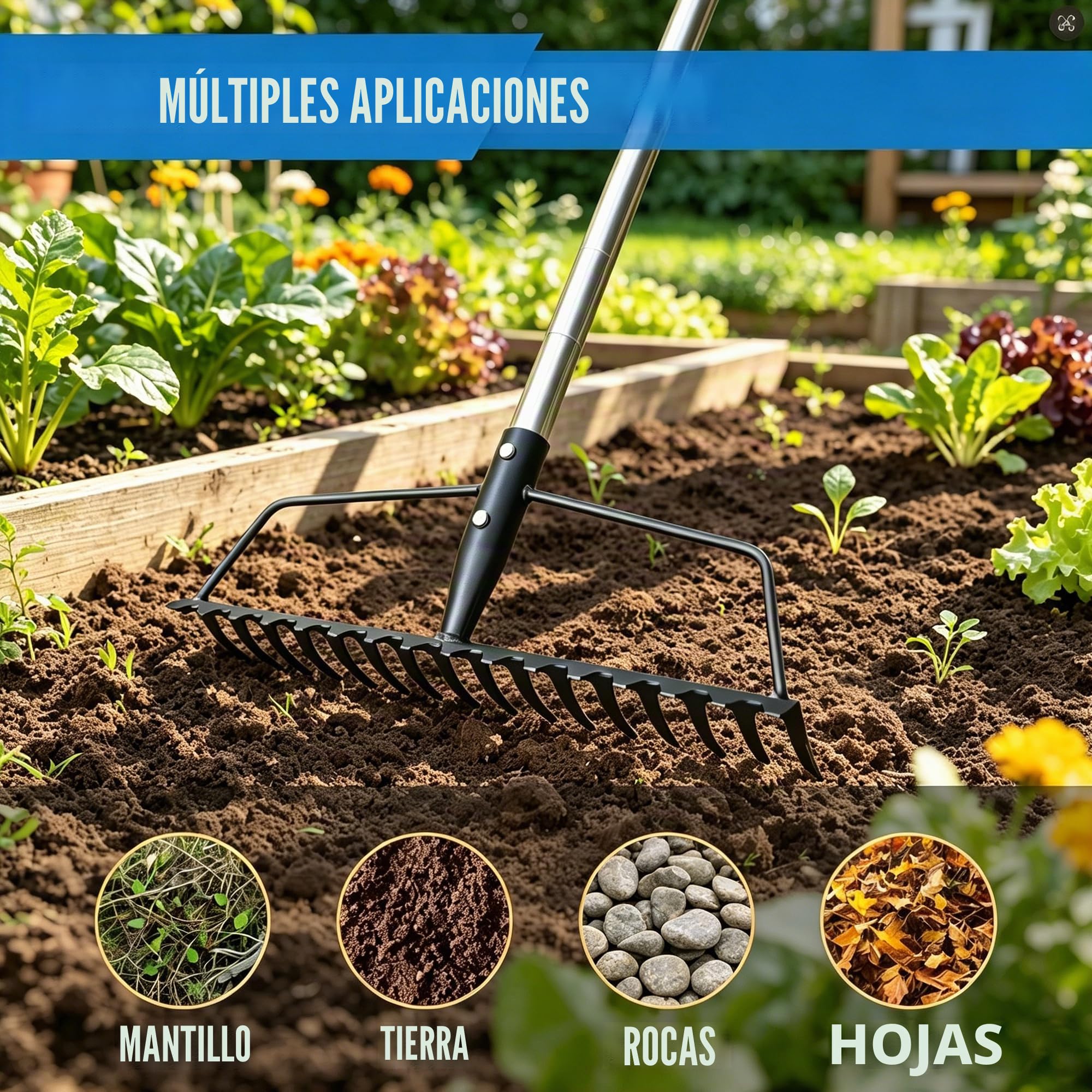Baraystus Rastrillo de jardín resistente de acero inoxidable para nivelar suelo arenoso y recoger hojas
