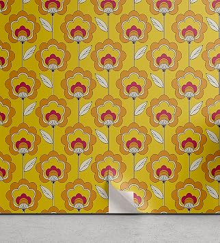 Lunarable Retro Peel & Stick Wallpaper for Home, Blooming Flowers Botanical Garden Art Design Abstract Ornate Pattern, Self-Adhesive Living Room Kitchen Accent, 13" x 100", Pale Orange Yellow Coral