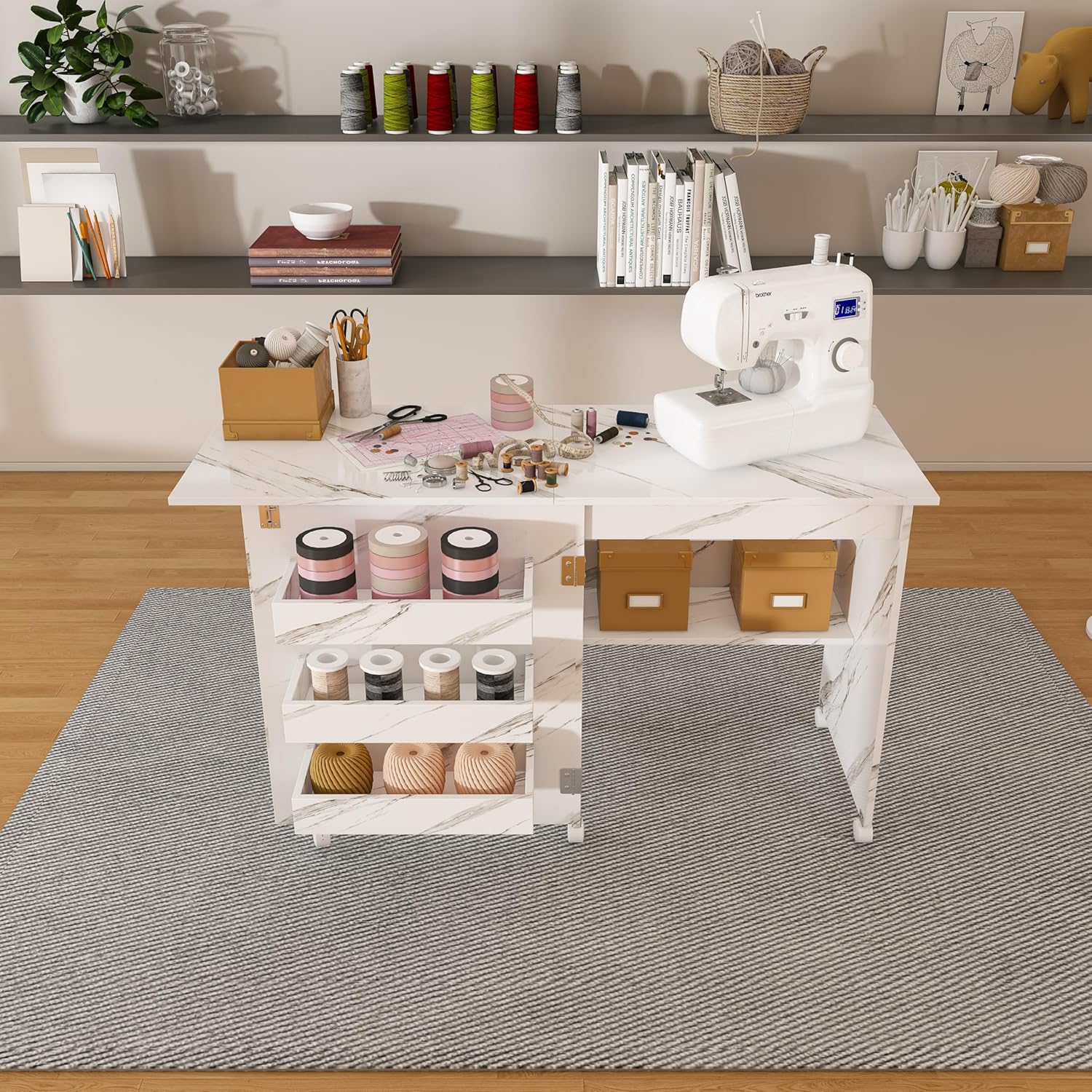 4-in-1 Folding Sewing Table with Lockable Wheels Multi-Functional Craft Station Rolling Sewing Machine Desk Space Saving Folding Craft Cabinet with Storage Shelves White Workstation for Small Spaces