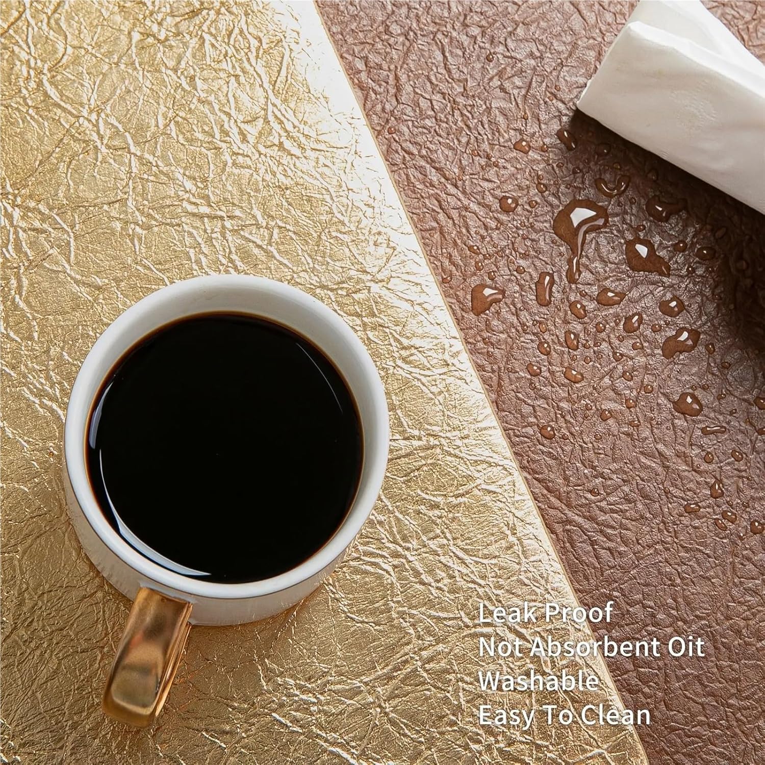 Elegant Crackle Design PU Square Placemat 43x30cm & Round Coaster 10cm Set, Heat-Resistant Waterproof Easy Clean Tableware Mat(Off-White,1 Sets (1P 1p))