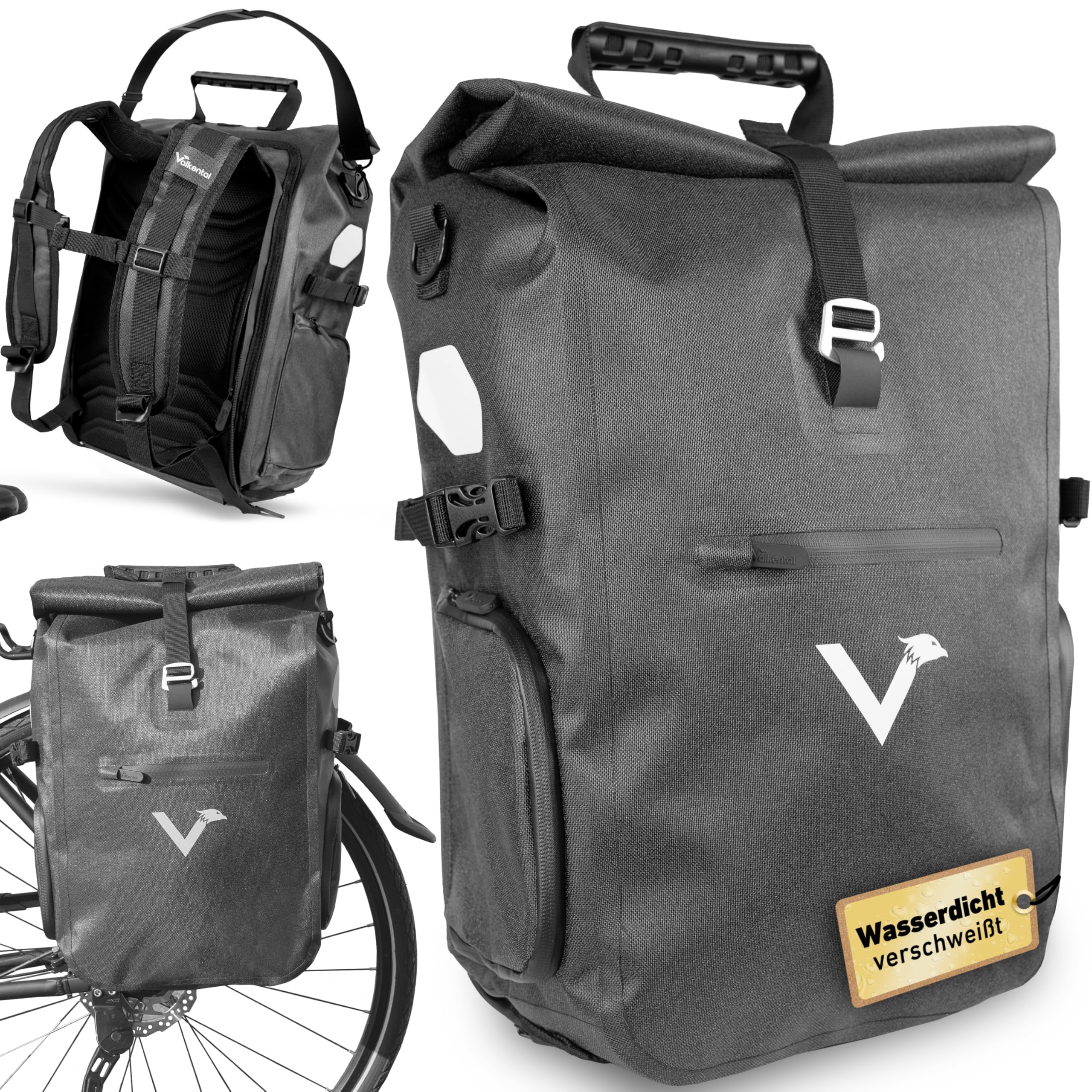 Valkental® - 3in1 Fahrradtasche Pro - Das Original - Hochwertiges Nylon - 23L Volumen - Geeignet als Gepäckträgertasche, Rucksack & Umhängetasche - 100% Wasserdicht - Fahrradtasche für Gepäckträger