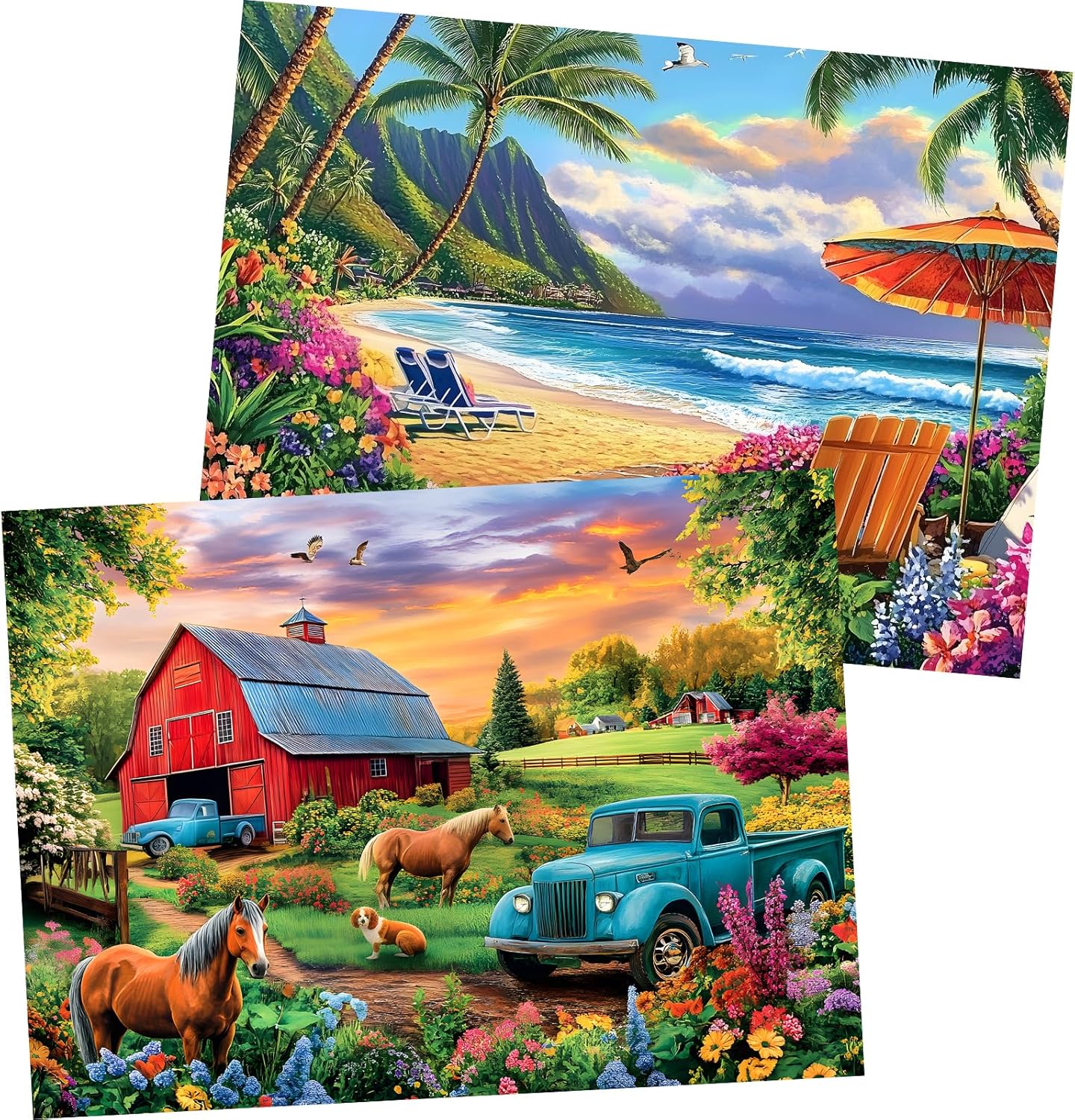 2 Pack 500 Pieces Puzzle for Adults, US Country Life Farm Puzzles for Adults Seniors, Horse Cow Tractor Flower Jigsaw Puzzles 500 Pieces, Colorful Challenging Puzzles 20.5 * 15