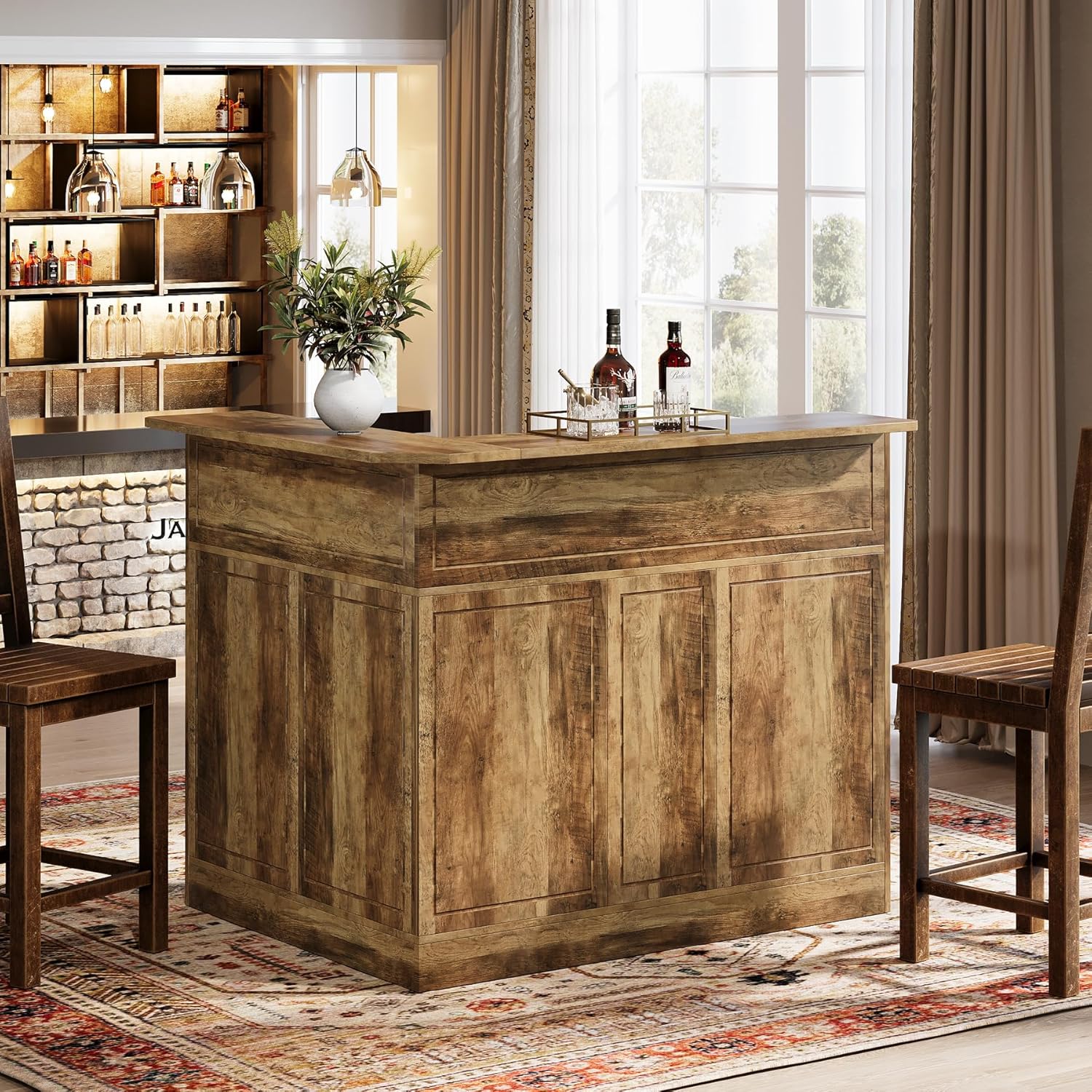 Tribesigns Bar Cabinet, L-Shaped Home Bar Table with Stemware Racks, 4-Tier Corner Bar Unit Liquor Wine Bar Table Reception Desk for Home Pub, Rustic Brown