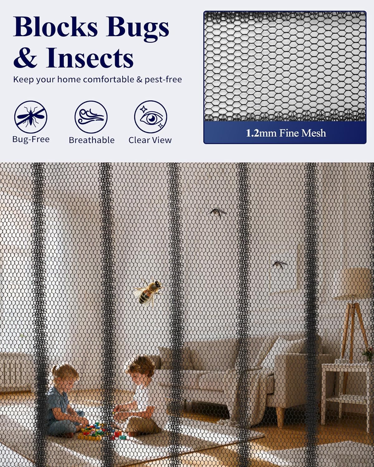 kitsure magnetic screen door - retractable screen door mesh for front door or sliding door, pet & kid friendly, hands-free closure keeps bugs out & lets breeze in, stripe black stripe black
