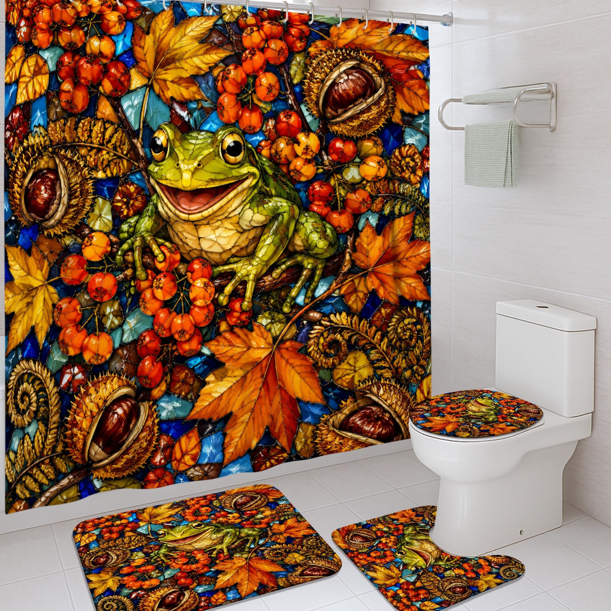 Rideau de douche imperméable avec tapis vert automne 183x183