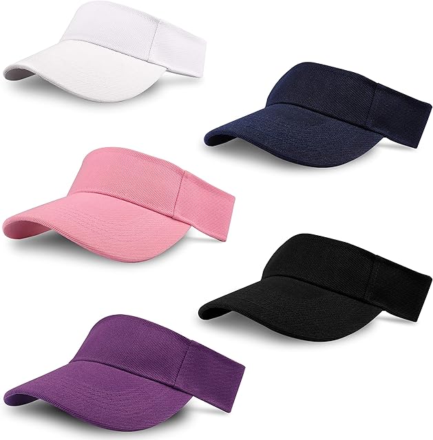 5 Pack Unisex Sports Sun Visor Adjustable Cap for Tennis, Golf, Running - 5 Colours White, Pink, Black, Purple and Blue - Men Women Girls Boys Outdoor Sun Visor Hat For Schools & Summer Activities