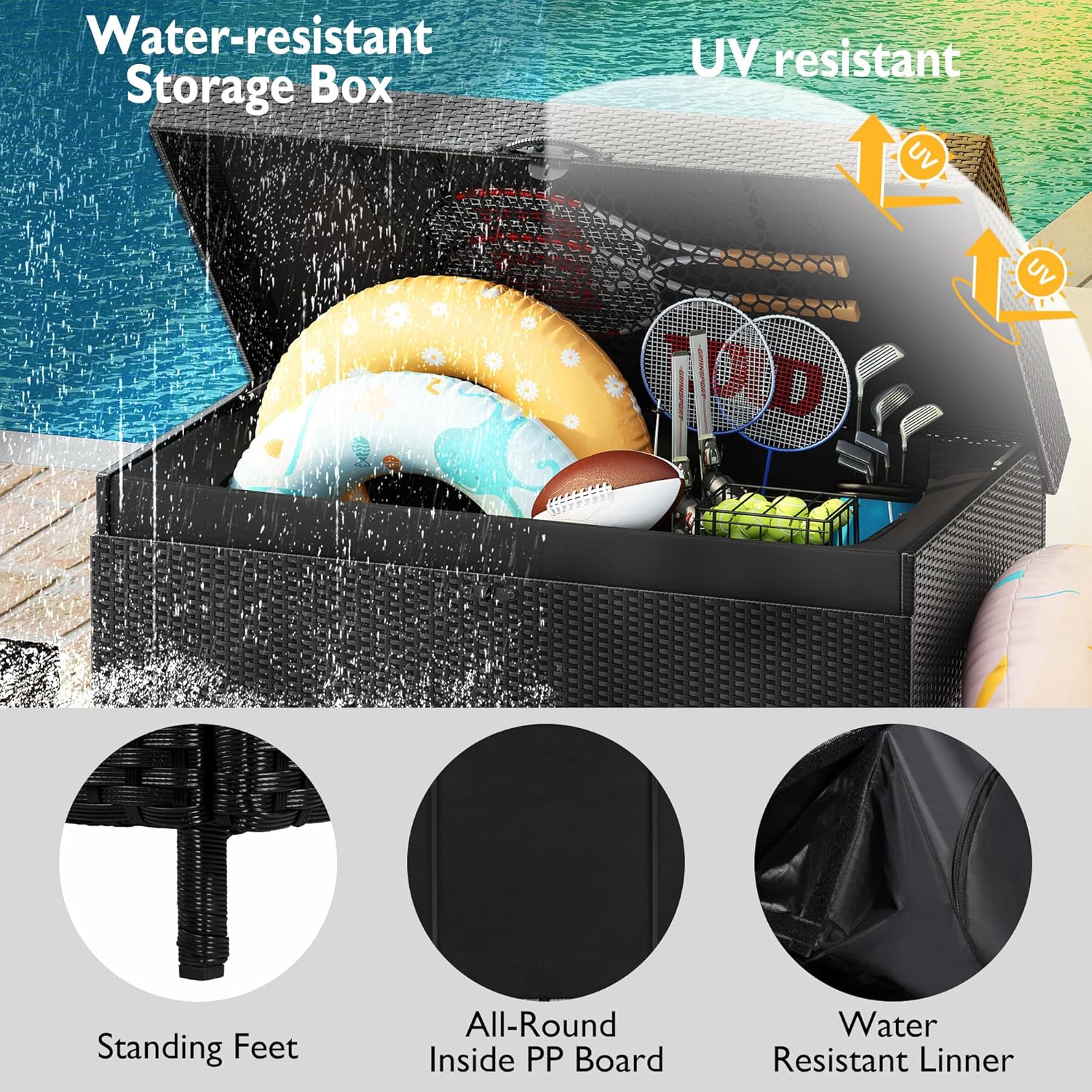 Outdoor Wicker Deck Box with Lockable Wheels, All-Weather Waterproof Storage Box，Rattan Storage Bin for Patio Furniture, Outdoor Cushions, Pool Supplies Storage & Garden Tools (Black, 230 Gallon)
