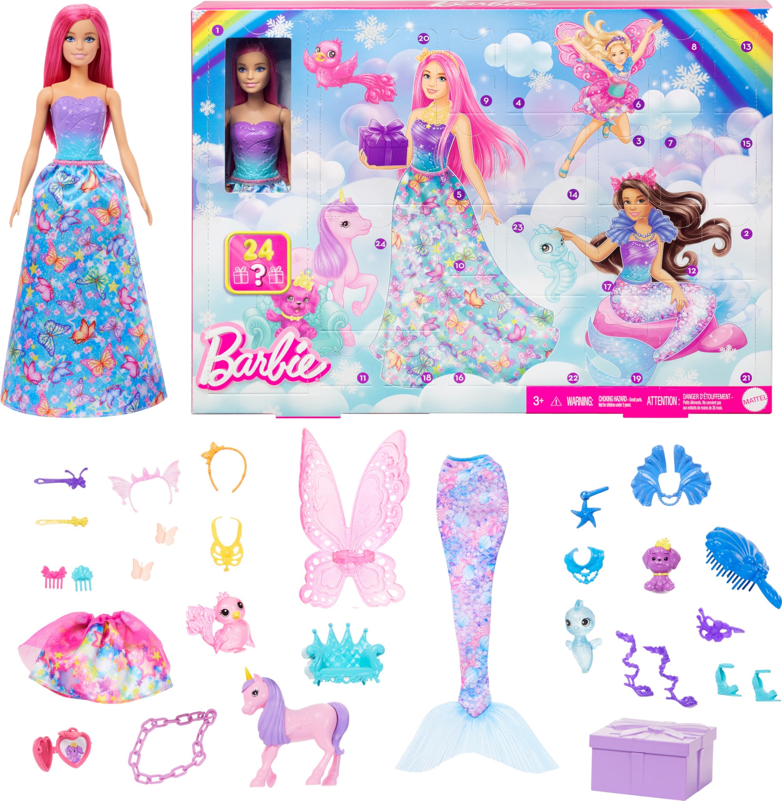 Barbie 2025 Advent Calendar Doll & 24 Surprise Accessories, Including 3 Pets, Transform Pink Hair Fashion Doll into Mermaid, Fairies and More