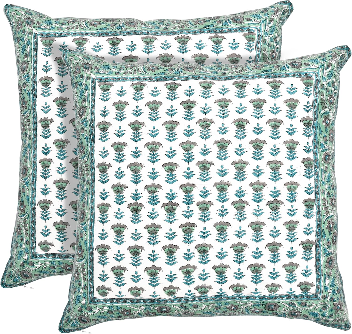 Ridhi Hand Block Print Peacock Blue 20"x20" Set of 2 - Modern Farmhouse Pillow Covers Decorative Cotton Throw Covers with Border for Couch, Sofa, Bed, Living Room Gift Spring, Easter, Valentine