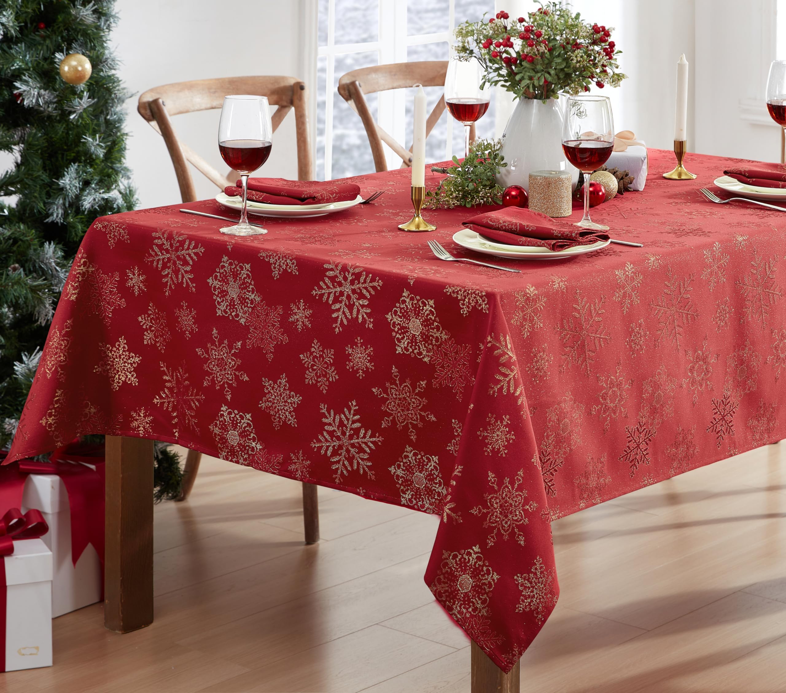 Newbridge Fancy Metallic Snowflake Christmas Fabric Tablecloth, 60 x 120 Inch Rectangle, Red Gold, No-Iron Soil Resistant Sparkling Snowflakes Woven Holiday Table Cover