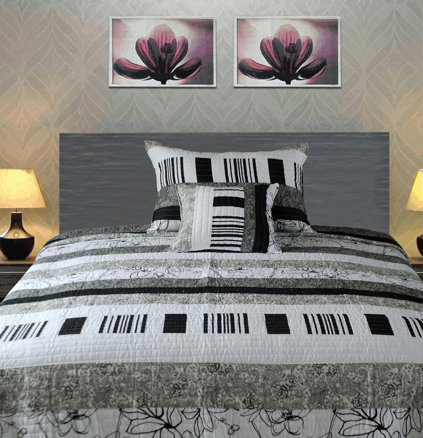 Tache 2 Piece 18x18 Square Cotton New York Penthouse Black and White Quilted Patchwork Throw Pillow Cushion Cover Set