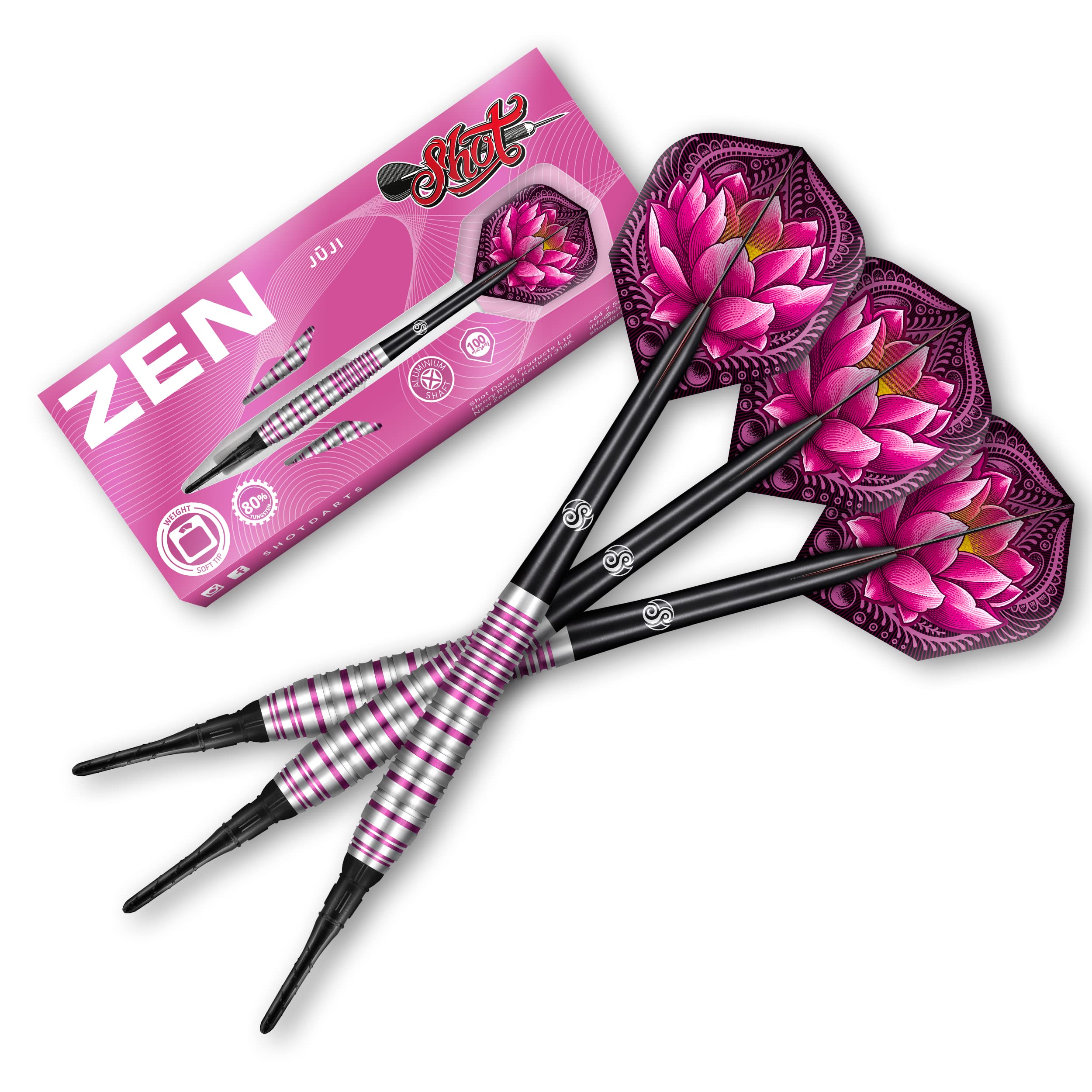 Shot! Zen Zuji Soft Tip Dart Set 80% Tungsten Pro Throwing Darts Soft Tip Set, Professional – Made in New Zealand – Designed Dart Flights for Women & Men – Plastic Tip Bar Darts for Adults