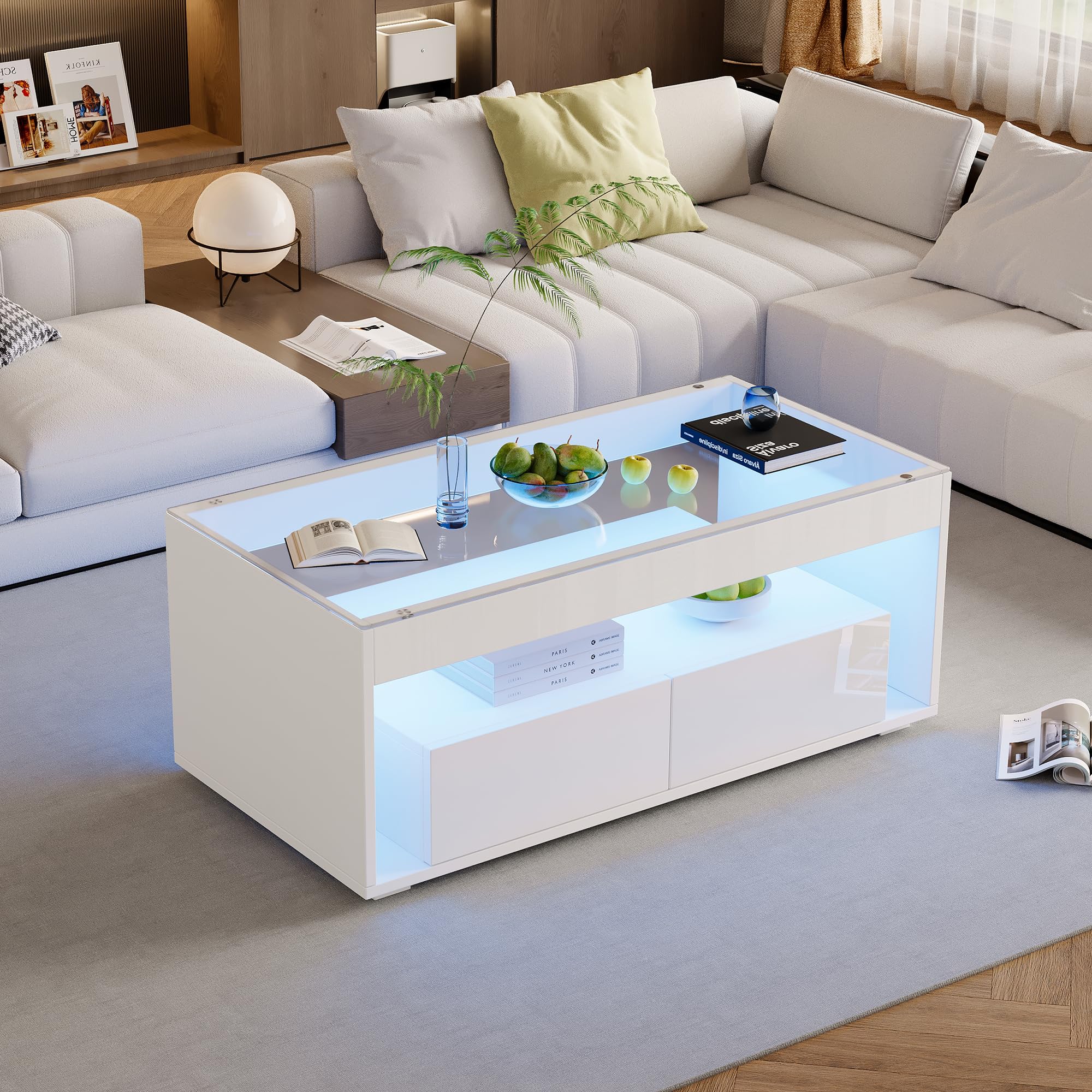 BTM 100x50x40cm Table Basse Moderne avec Éclairage LED, Rectangulaire avec 2 Grands Tiroirs, Spacieuse en Verre, Design à Double Couche, Brillant, Grande, Blanc