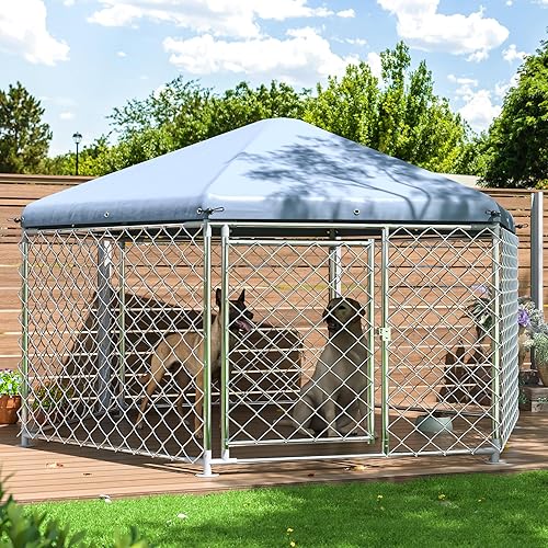 Large Dog Kennel Outside,Outdoor Dog Kennel with Roof,Large Dog Cage with Steel Fence Secure Lock for Garden/Yard (7x7x5 FT)